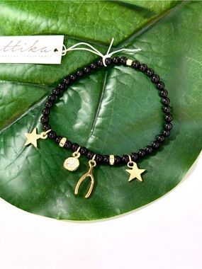 Ettika NWT Black Beaded Charm Bracelet Gold Wishbone Star CZ Stretch Bracelet